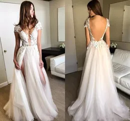 Berta 2018 Backless Bohemian Wedding Dresses Sexy High Side Split Sheer V Neck Lace Appliqued Bridal Gowns Cheap Beach Wedding Dress