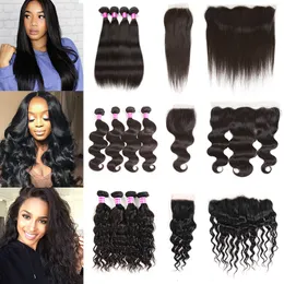 Feixes de cabelo humano de grau 10A com fechamento de renda frontal corpo reto onda de água profunda Kinky encaracolado para mulheres negras molhadas e onduladas trama de trama brasileira preço de atacado