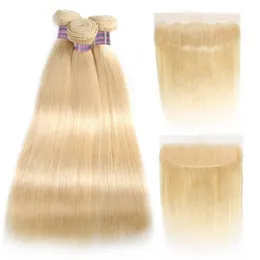 Ishow Brazilian Hair Straight Human Hair Bundles Extensions 3pcs with Lace Frontal Closure 613 Blonde Color Weft Weave for Women All Ages