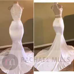 Sexy Backless White Mermaid Prom Dresses Halter Neck Lace Appliqued African Black Girls Evening Red Carpet Gowns Formal Dress
