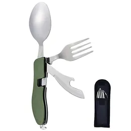 Multipurpose Portable 4 Pieces Foldable Utensil Set Camping Stainless Steel Fork Spoon Bottle Opener Set Storage Case Outdoor EDC Gear