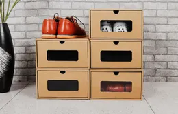 Tillbehör Förpackningsarrangörer DIY Kraft Paper Shoes Storage Box med transparent fönster Miljövikande låda Typ Finishing Shoe Organizer