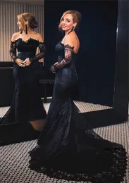 Elegant Aftonklänning Sheer Off The Shoulder Long Lace Mermaid Black See Through Top Sexy Prom Dresses