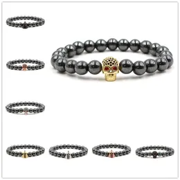 12 Options Hématite Perles Squelette Charme CZ Crâne Tête Casque Or Argent Noir Vintage Bracelets Bijoux Pulsera Hombres