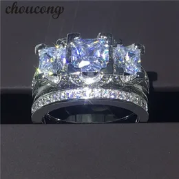 Choucong Taglio principessa Diamonique a tre pietre con diamante in argento sterling 925 Anello di fidanzamento per fedi nuziali per donne uomini Regalo d'amore