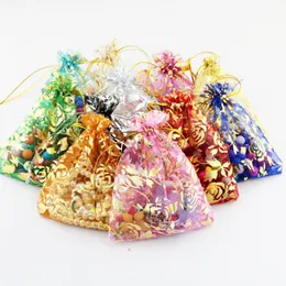 7x9 / 9x12 / 11x16 / 13x18 / 15x20 / 17x23cm Rose Gilding Organza Drawstring Gifts Väskor Smycken Förpackning Påse Tryckt Garn Rose Flower Bags