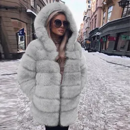 Ishowtienda faux päls kappa kvinnor 2018 huva varm lång höst vinterjacka avslappnad överrock manteau femme hiver