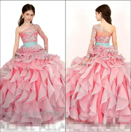 Eleganckie One Ramię Organza Suknia Balowa Dziewczyna Suknie Korownicze Ruffles Kryształ Zroszony Długość Piętro Party Urodziny Dziewczyny Dresses Ra1572