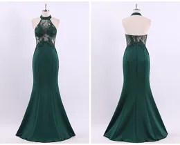 Free Shipping New High Quality Formal Prom Dresses Dark Gren Elegance Halter Lace Sleeveless Backless Fishtail Evening Dresses HY143e