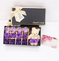 DHL Romantic Rose Soap Flower With Little Cute Bear Doll 12pcs Box Gift For Valentine Day Giftsfor Wedding or birthday Gifts by sun11