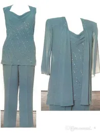 Long Sleeves Chiffon Formal Party Mother of the Bride Pant Suits With Jacket Beaded Sequin Three Pieces Mother of Groom Pant Suit BA7329