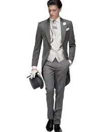 Morning Style Dark Grey Tailcoat Groom Tuxedos Eiegant Men Wedding Wear High Quality Men Formal Prom Party Suit(Jacket+Pants+Tie+Vest) 966