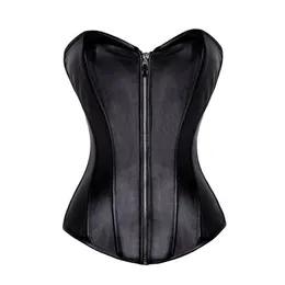 Hot Sälj Black Faux Läder Front Zipper Sexig Bone Gothic Overbust Lace Up Bantning Korsett och Bustier Top Shaper för Kvinnor Tyq