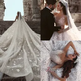 Luxurious Long Sleeve Designer Wedding Dresses Zipper Back Ball Gown Flowers Crystal Custom Made Bridal Gowns S