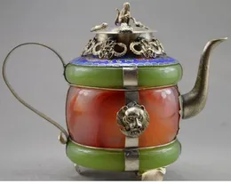 Kolekcjonerski zdobiony stary ręcznie robiony jade tybet srebrny rzeźbione smok herbata garnek