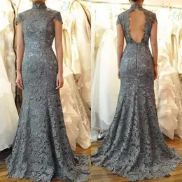 latest 2018 mother of the bride dresses high neck mermaid capped sleeves keyhole back grey lace wedding dresses evening wear