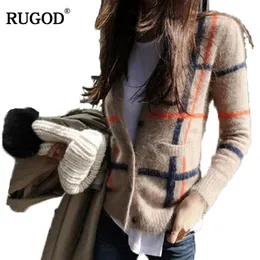 RUGOD 2017 Autumn Newest Mink Cashmere Women Open Stitch Office Lady V-neck Cardigans England Plaid Pockets Basic Female Sweater