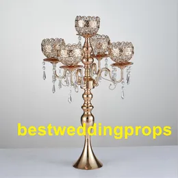 New style tall Tall 5-arms Metal Gold Candelabras With Pendants Romantic Wedding Table Candle Holder Home Decoration best0241