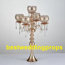 Nowy Styl Wysoki Wysokie 5-Armis Metal Gold Candelabras Z Wisiorkami Romantyczny Wedding Table Holder Home Decoration Best0241