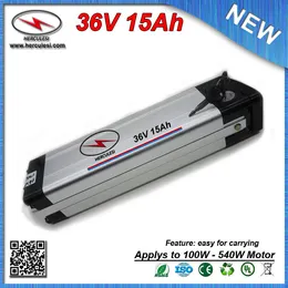 무료 배송 500W 실버 물고기 스타일 전기 자전거 배터리 36V 15AH 리튬 배터리는 3.7V 2.2Ah 18650 15A BMS + 2A 충전기를 사용