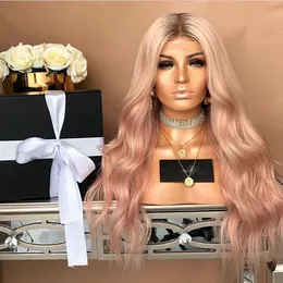 30INHCES lange Ombre Dusty Rose Pink synthetische Lace Front Perücke Körperwelle handgebundene volle Perücke hitzebeständige Faser für Frauen