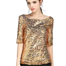 Camicette da donna Moda estiva Sexy Paillettes ricamate Mezza manica Lady Top Camicia casual allentata Blusa oro Taglie forti 5XL Nuovo