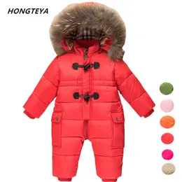 kids snowsuits warm children winter Jumpsuit duck down baby Rompers fur infant girls boys Overalls hooded baby clothes jacket