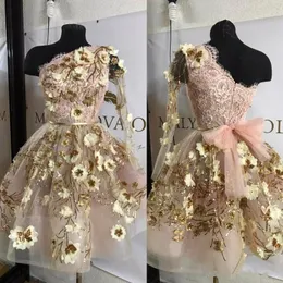Gold Lace Appliques One Shoulder Cocktail Dresses 2018 Short Prom Dresses Sheer Formal Dress Evening With Sash