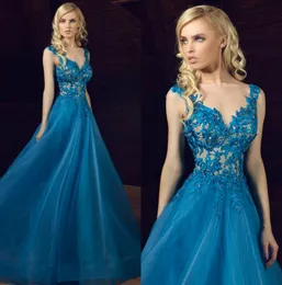 Tony Chaaya 2020 Prom Dresses V Neck Lace Aplikacje Niebieska Sukienka Evening Nosić Dostosowane Zroszony Sheer Sweep Pociąg Specjalna okazja Dress