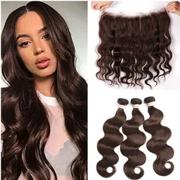 Medium Brown Indian Virgin Människa Hår 3 Bundlar Med Front Body Wave # 4 Choklad Brown Weave Bundlar med 13x4 Lace Frontal Closure