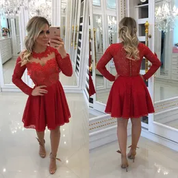 New Arrival Red Full Lace Short Homecoming Dresses Jewel Neck Beads Long Sleeves Above Knee Length Prom Dresses Cocktail Gowns