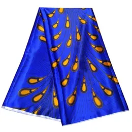 5 metri/pz Bellissimo tessuto di seta chiffon blu stampato modello di piume gialle pizzo africano liscio in rayon per il vestito LBS3-5