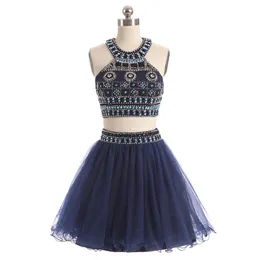 Sexig Navy Blue 2 Pieces Prom Klänningar Stora Beading Sequins Sexiga Party Dresses Cocktailkänken Öppna Back