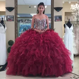 Burgundy Ball Gown Quinceanera Dresses Crystals Prom Gowns Sweetheart Lace-up Back Rhinestones Sweet 16 Dress