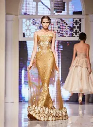 Guldklänningar Kvällslitage Sequined Mermaid Sheer Jewel Neckline Party Aftonklänningar 3D Appliques Golvlängd Formell Prom Klänning Elie Saab