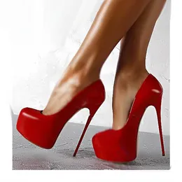 Red Round Toe Stiletto Wysokie Obcasy Platformy Pompy Seksowne Buty ślubne 16 CM Rozmiar 35 do 40