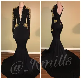 2019 de alta qualidade preto mangas compridas vestido de baile sereia ouro apliques formais de formatura vestido de festa à noite Custom Made Plus Size