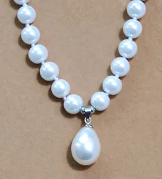 Hand knotted charming necklace 8mm white shell pearl round beads drop Pendant(12x16MM) 18" fashion jewelry 2pc/lot