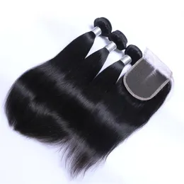 Brazilian Straight Hair Weaves 3Bundles with Closure Free Middle 3 Part Double Weft Human Hair Extensions Dyeable 100g/bundle