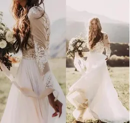 Bohemian Country Suknie ślubne z Sheer Długie Rękawy Załoga Neck Line Lace Aplikacja Szyfonowa Boho Suknia Bridal Tanie