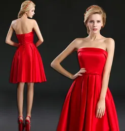 Gorgeous Short Homecoming Dresses Red Satin Party Dress Strapless Sleeveless Simple Cheap Custom Made Graduation Prom Dress