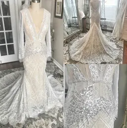 2019 Mermaid Wedding Dresses Deep V Neck Appliqued Hollow Back Sweep Train Long Sleeve Bridal Gowns Bling Sequined Plus Size Wedding Dress