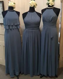 Pictures New Actual Gray Bridesmaid Dresses Halter Neck Tiered Ruffles Backless Sweep Train Maid Of Honor Dress Brautjungfer Kleider