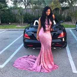 South African Black Girl Prom Klänningar Sparkly Plus Size Sequind Mermaid 2018 Prom Party Gowns Backless Halter Neck Sweep Train Afton Dress