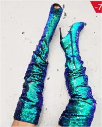 Altın Kadınlar Mavi Büyüleyici Bling Pırıltısı Diz İnce Açık Ayak Parça Başak Yüksek Topuk Uzun Botlar Resmi Elbise Ayakkabı 5