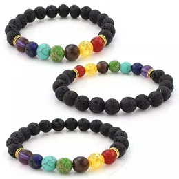 Najnowszy 7 Chakra Black Lava Vulkanic Kamienna Bransoletka Naturalne Kamień Bransoletki Joga Lecznianie Reiki Balance Buddha Koraliki Bransoletka