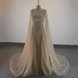 Sequined Beaded Aftonklänningar med Cape Champagne Mermaid Prom Party Gowns Custom Made Billiga Dress Evening Wear Real Photo