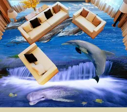 Özel 3d Fotoğraf Kağıdı 3D Kat Yunus Dalga Mavi Gökyüzü 3D Döşeme Duvar Resimleri Yatak Odası PVC Kendinden Yapışkanlı Duvar Kağıdı