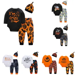 Halloween baby outfits children boy girls pumpkin letter print rompers+pants with hat 3pcs/set 2018 Autumn kids Clothing Sets 7 styles C5168