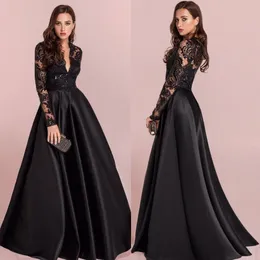 Hot Sale Black Lace Prom Klänningar med långa ärmar V Neck-Sequined Evening Gowns Vestidos de Fiesta Golvlängd Satin Formell Klänning